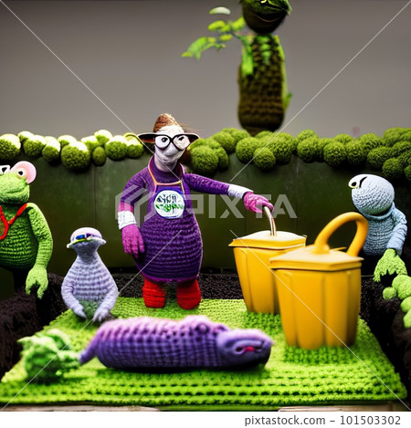Knitted garden and family puppet. AI generated 101503302