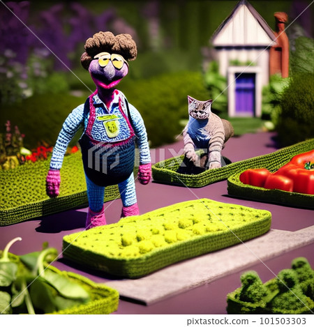 Knitted garden and family puppet. AI generated 101503303