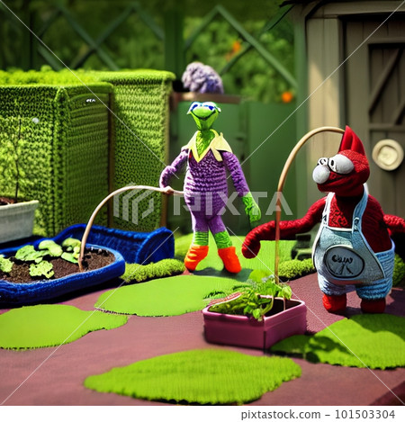 Knitted garden and family puppet. AI generated 101503304