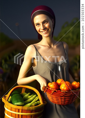 Smiling woman with her vegetable harvest 101503334