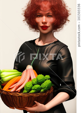 Woman holding the basket of her vegetable harvest 101503336