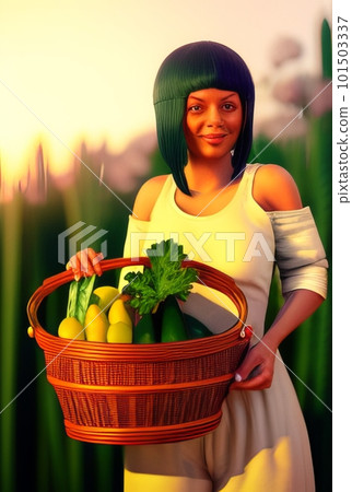Woman holding the basket of her vegetable harvest 101503337