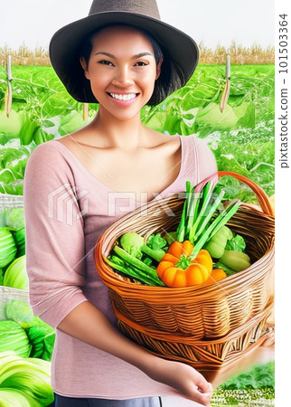 Smiling woman with her vegetable harvest Smiling woman with her vegetable harvest 101503364