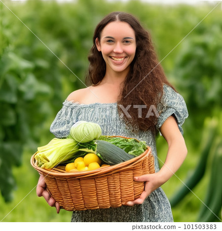 Woman holding the basket of her vegetable harvest Woman holding the basket of her vegetable harvest 101503383
