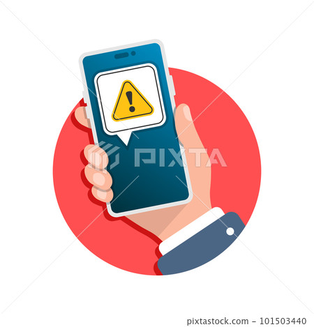 Phone notifications icon in flat style. Smartphone with exclamation point in hand vector illustration on isolated background. Spam message sign business concept. 101503440