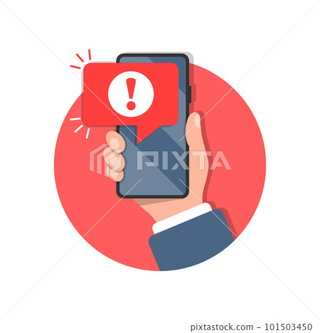 Phone notifications icon in flat style. Smartphone with exclamation point in hand vector illustration on isolated background. Spam message sign business concept. 101503450