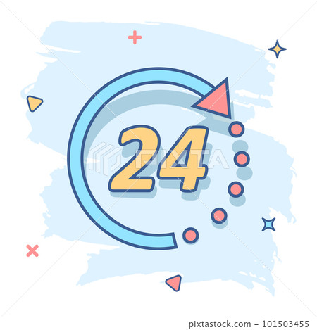 Vector cartoon time icon in comic style. 24 hours sign illustration pictogram. Clock timer business splash effect concept. 101503455