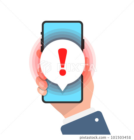 Phone notifications icon in flat style. Smartphone with exclamation point in hand vector illustration on isolated background. Spam message sign business concept. 101503458