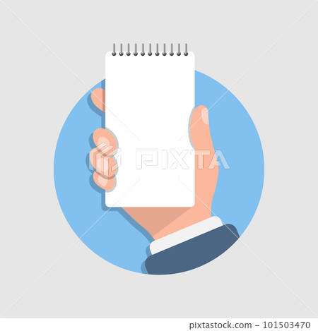 Notebook in hand illustration in flat style. Paper sheet vector illustration on isolated background. Page sign business concept. 101503470