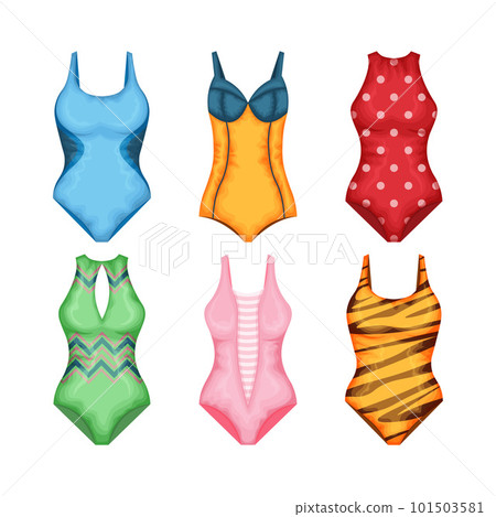 Swimwear set. A set of four swimsuits in different colors. Women s beachwear. A bathing accessory. Vector illustration 101503581