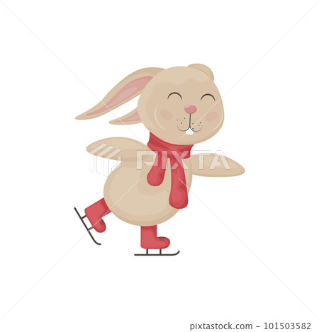 Rabbit on ice skates. Cute rabbit in cartoon style skating on ice. A happy bunny in a red scarf. Vector illustration isolated on a white background 101503582