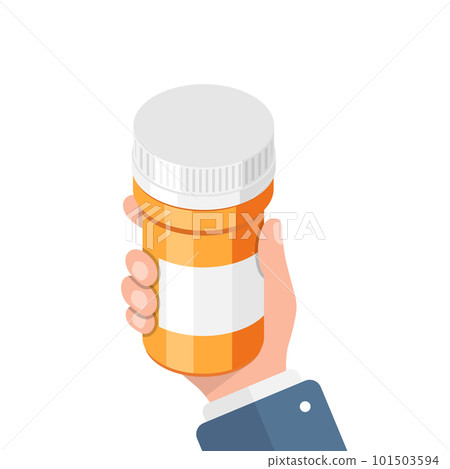 Pill bottle in hand illustration in flat style. Medical capsules vector illustration on white isolated background. Pharmacy sign business concept. Pill bottle in hand illustration in flat style. Medical capsules vector illustration on white isolated background. Pharmacy sign business concept. 101503594