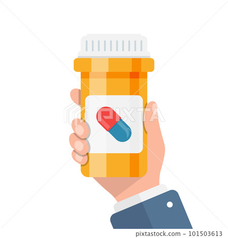 Pill bottle in hand illustration in flat style. Medical capsules vector illustration on white isolated background. Pharmacy sign business concept. 101503613