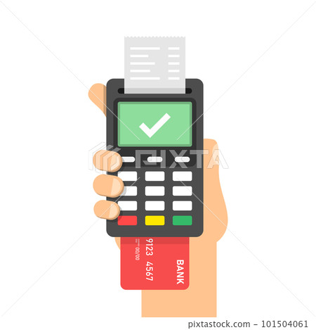 Male hand holding POS payment machine icon in flat style. Online payment vector illustration on isolated background. Banking transaction sign business concept. 101504061