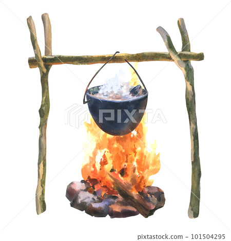 Sticks with knots for hanging the cauldron over the fire. Watercolor illustration isolated on white background. 101504295