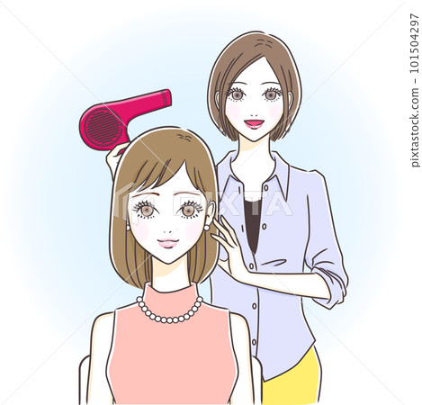 一名年輕女子和一名造型師參觀美容院的插圖 一名年輕女子和一名造型師參觀美容院的插圖 101504297