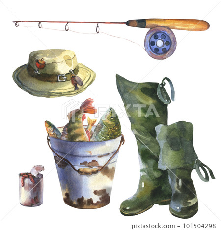 Watercolor hand drawing Fishin illustration, set of iron rustic bucket with fish, fishing rod, rusty tin can with worms, wading rubber boots, man's fishing hat, isolated on a white background Watercolor hand drawing Fishin illustration, set of iron rustic bucket with fish, fishing rod, rusty tin can with worms, wading rubber boots, man's fishing hat, isolated on a white background 101504298