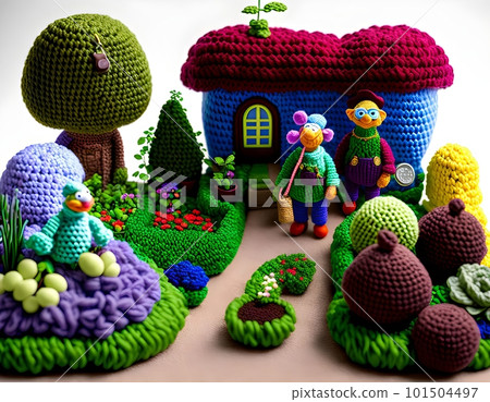 Knitted garden and family puppet. AI generated 101504497