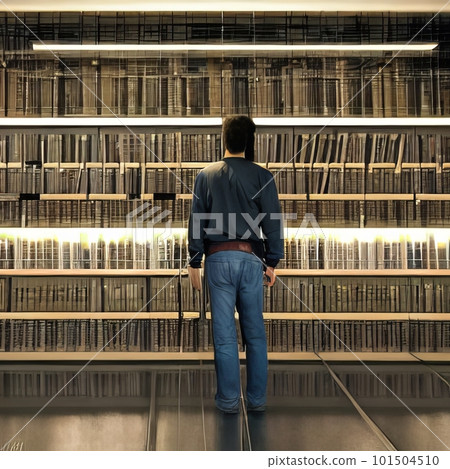 Young man in library take book from shelf 101504510