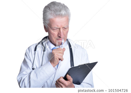 portrait of senior male doctor with clipboard and stethoscope portrait of senior male doctor with clipboard and stethoscope 101504726