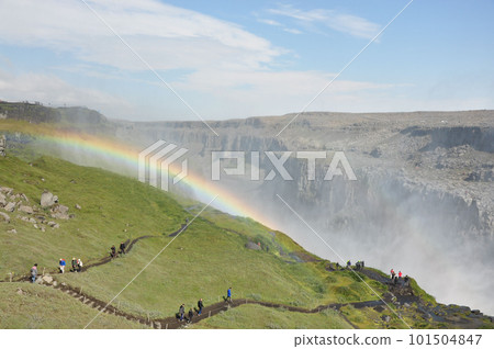 Colorful rainbow over the Dettifoss waterfall in the northeast of Iceland Colorful rainbow over the Dettifoss waterfall in the northeast of Iceland 101504847