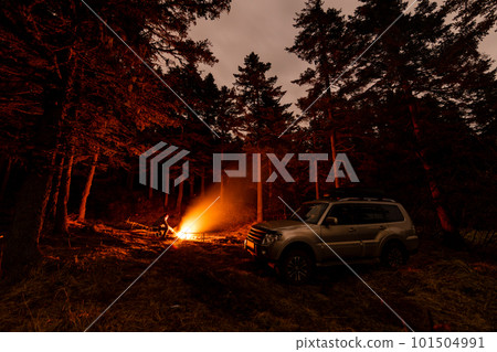 A man sitting at campfire in a tourist camp in a fir forest 101504991