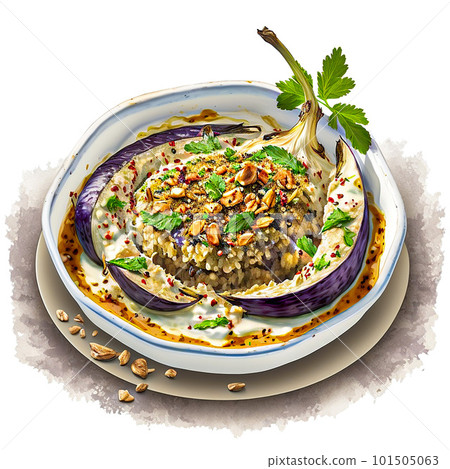 Baba ganoush baked eggplant with sesame paste with ingredients, top view on a dark background. Baba ganoush baked eggplant with sesame paste with ingredients, top view on a dark background. 101505063