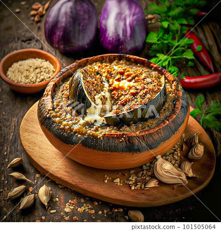 Baba ganoush baked eggplant with sesame paste with ingredients, top view on a dark background. Baba ganoush baked eggplant with sesame paste with ingredients, top view on a dark background. 101505064