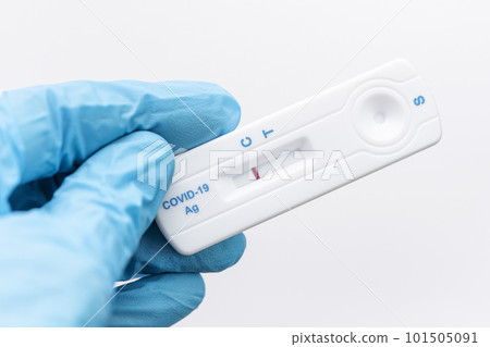 Doctor holding a negative result for COVID-19 with test kit for viral disease. 101505091