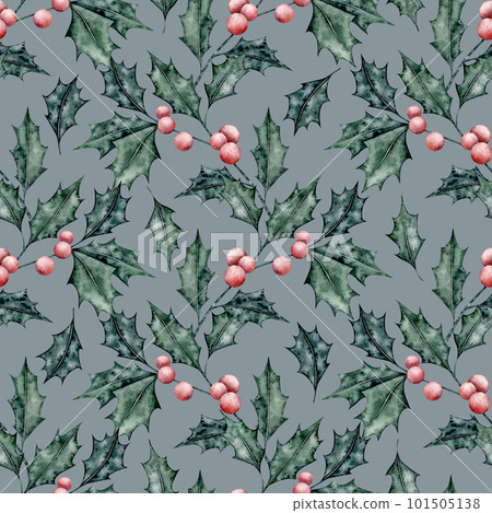 Watercolor winter palnt seamless pattern. Holly print on dark background. Hand drawn mushroom illustration 101505138