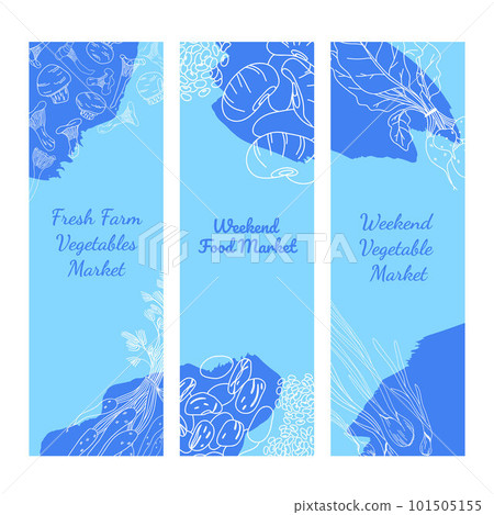 Food market design in blue and white with linearly drawn vegetables and mushrooms. Food market design in blue and white with linearly drawn vegetables and mushrooms. 101505155