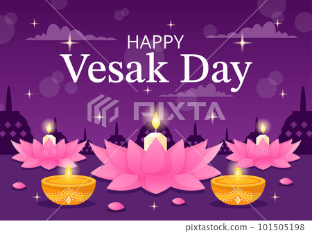 Vesak Day Celebration Vector Illustration with Temple Silhouette, Lotus Flower, Lantern or Buddha Person in Flat Cartoon Hand Drawn Templates 101505198