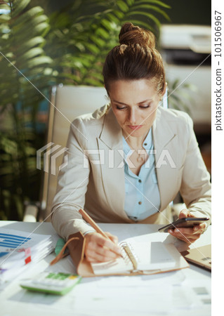 business woman in green office using smartphone applications 101506967