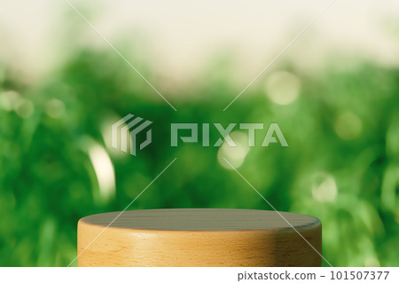 3d presentation pedestal made of wood over blurred nature background 101507377