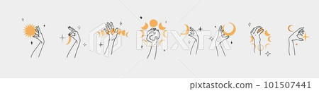 Hand drawn vector abstract outline,graphic,line set magic human hand with moon and star logo in minimalistic modern style.Moon and star sign outline design concept.Outline astrology line art isolated. 101507441