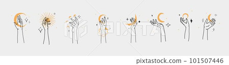 Hand drawn vector abstract outline,graphic,line art magic hands with moon and stars logo set in minimalistic modern style.Moon and star sign outline design concept.Outline astrology line art isolated. 101507446