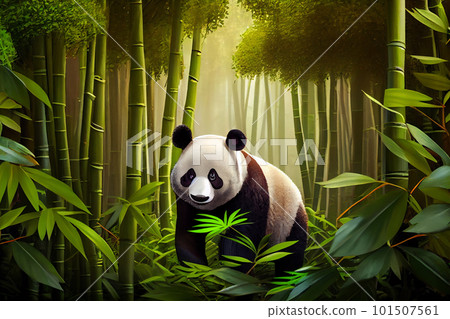 Cute adorable kawaii panda living in the bamboo forest. Greeting cartoon card 101507561