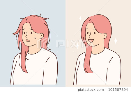 Woman before and after using quality cosmetic hair shampoo or going to hairdresser 101507894