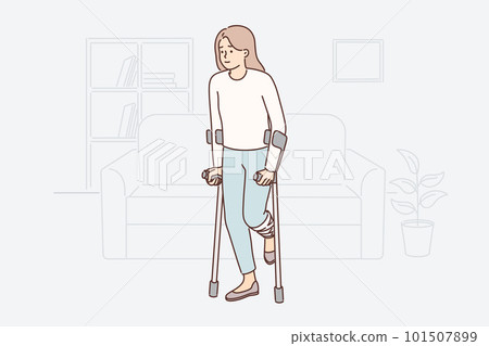 Disabled woman getting around with crutches injuring knee during car accident or fall Disabled woman getting around with crutches injuring knee during car accident or fall 101507899