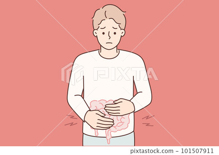 Man puts hands on stomach feeling pain in intestinal due to malnutrition or fast food poisoning Man puts hands on stomach feeling pain in intestinal due to malnutrition or fast food poisoning 101507911