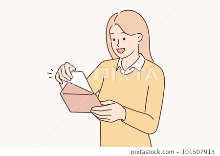 Positive woman with envelope received invitation to wedding ceremony of friends or colleagues 101507913