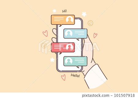 Mobile phone with messages in hands of person using social networks to correspond with friends Mobile phone with messages in hands of person using social networks to correspond with friends 101507918