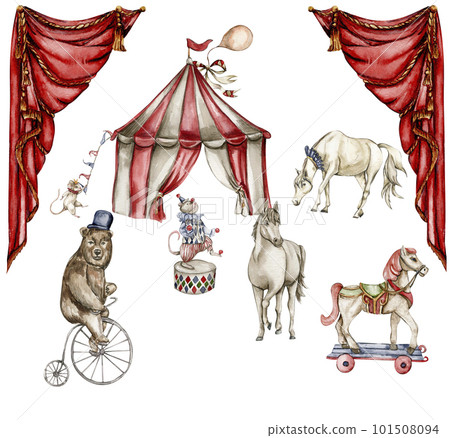 Watercolor circus composition in vintage style. Perfect for wedding, invitations, blogs, card templates, birthday and baby cards, patterns, quotes. isolater on white background.Cute circus animals. 101508094