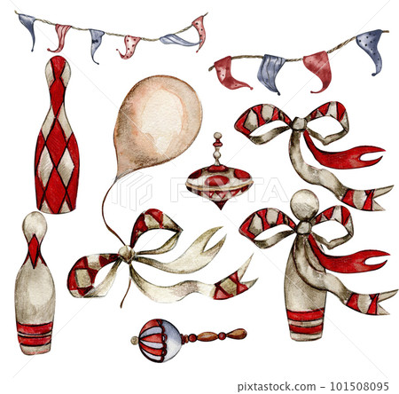 Watercolor circus composition in vintage style. Perfect for wedding, invitations, blogs, card templates, birthday and baby cards, patterns, quotes. isolater on white background.Cute circus animals. 101508095