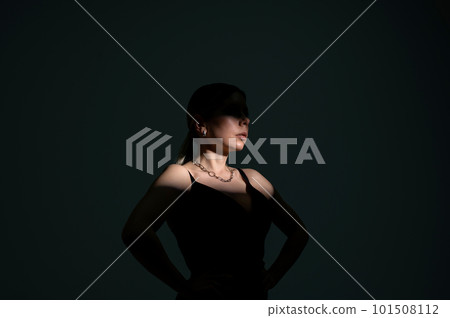 Woman in beam of light on black background, high contrast image 101508112