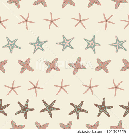 Hand drawn seamless repeating pattern with various Starfishes pastel colors, vector illustration on beige background. Trendy summer print. Textile Paper Card Social Media Design 101508259