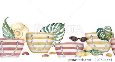 Hand drawn watercolor striped beach bag, sun hat, sea glass. Seamless horizontal banner. Isolated on white background. Design for wall art, wedding, print, fabric, cover, card, tourism, travel booklet Hand drawn watercolor striped beach bag, sun hat, sea glass. Seamless horizontal banner. Isolated on white background. Design for wall art, wedding, print, fabric, cover, card, tourism, travel booklet 101508331