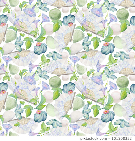 Watercolor seamless pattern with hand drawn traditional Japanese sweets. Wagashi, mochi, summer flowers. Isolated on white background. Invitations, restaurant menu, greeting cards, print, textile Watercolor seamless pattern with hand drawn traditional Japanese sweets. Wagashi, mochi, summer flowers. Isolated on white background. Invitations, restaurant menu, greeting cards, print, textile 101508332