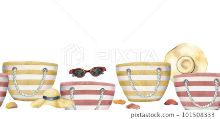 Hand drawn watercolor striped beach bag, sun hat, sea glass. Seamless horizontal banner. Isolated on white background. Design for wall art, wedding, print, fabric, cover, card, tourism, travel booklet Hand drawn watercolor striped beach bag, sun hat, sea glass. Seamless horizontal banner. Isolated on white background. Design for wall art, wedding, print, fabric, cover, card, tourism, travel booklet 101508333