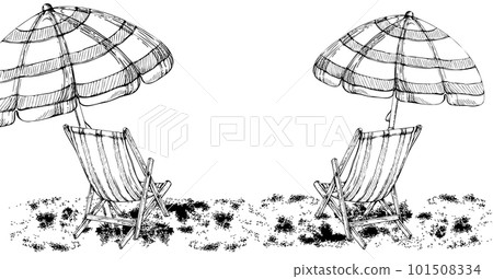 Hand drawn vector ink composition. Striped beach accessories, umbrellas and chairs on sand. Isolated on white background. Design wall art, wedding, print, fabric, cover, card, tourism, travel booklet. Hand drawn vector ink composition. Striped beach accessories, umbrellas and chairs on sand. Isolated on white background. Design wall art, wedding, print, fabric, cover, card, tourism, travel booklet. 101508334